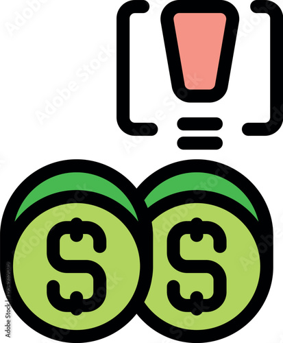 Green dollar coins with financial warning sign representing market volatility and economic uncertainty