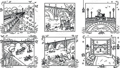 Black and white line art vector scenes of girl feeding ducks cycling on bridge painting river picnic on dock and sleeping by window in city landscape illustrations