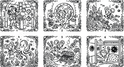 Black and white line art underwater adventure coloring pages featuring girl exploring submarine sea creatures treasure chest and sleeping under the sea with detailed ocean borders