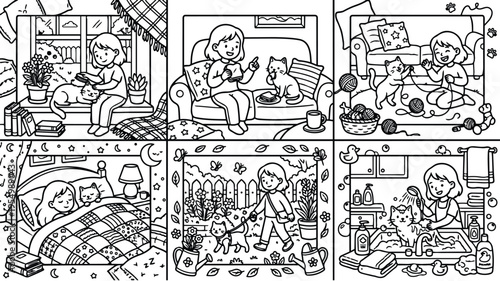Line art vector compilation of young girl caring grooming and playing with her cat indoors and outdoors in daily activities including eating walking bathing and sleeping illustration
