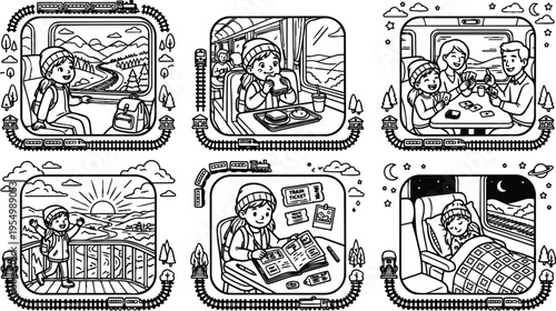 Detailed black and white vector line art set of a child traveling by train showing window view landscape eating sandwich reading book playing cards sleeping at night with quilt cover