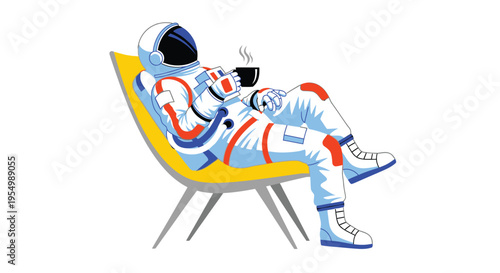 An astronaut in a white spacesuit with orange and blue accents relaxes in a yellow chair with a cup of coffee