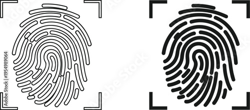 Fingerprint silhouettes collection, biometric identification icons, forensic security patterns, unique ridge artwork, personal identity symbol, flat vector illustration