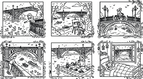 Detailed black and white line art children feeding ducks painting on easel cycling on bridge enjoying picnic by river and sleeping with river view in bedroom peaceful outdoor lifestyle scenes