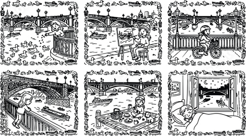 Black and white line art vector set showing children feeding ducks painting cycling by the river watching boats picnic on dock and sleeping with window view of historic city bridge
