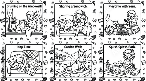 Black and white line art vector with girl brushing cat on windowsill sharing sandwich playing with yarn napping garden walking bathing cat in six separate scenes with cute decorative elements