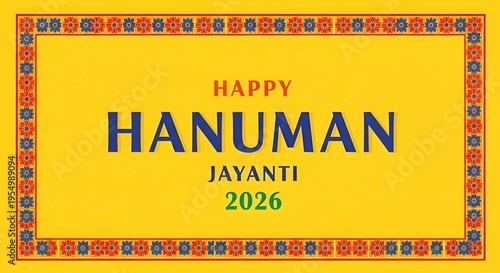 Happy hanuman jayanti 2026 greeting card design with traditional decorative border and festive typography