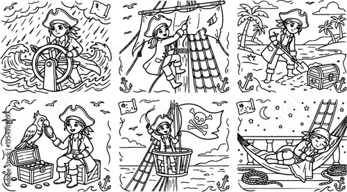 Black and white line art pirate children sailing ship steering wheel climbing mast digging treasure on beach with parrot holding map raising sword with skull flag and sleeping in hammock under stars