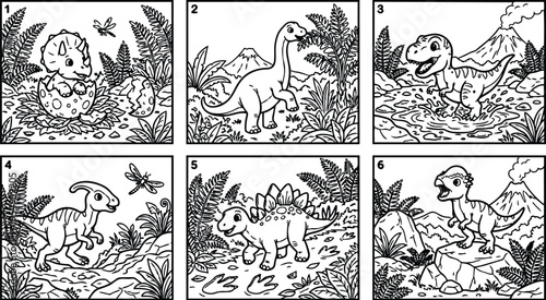 Black and white line art collection of six different baby dinosaurs playing and walking in prehistoric jungle landscape with volcano erupting in background detailed vector coloring pages