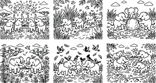 Playful black and white line art of baby elephants splashing water rolling ball walking path and interacting with birds in natural forest setting simple vector illustration style