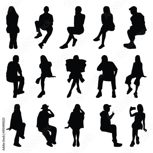 Vector collection set of sitting people silhouettes.	