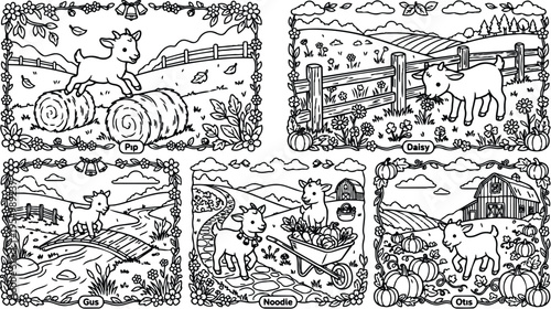 Black and white line art farm scenes with cute baby goats playing near hay bales fences pumpkins and barns in countryside settings