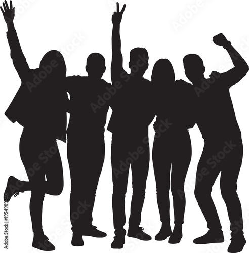 Group of Five Friends Celebrating with Raised Arms in Black Silhouette on White Background