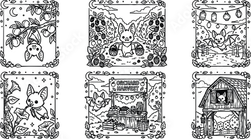 Cute bat character collecting fruits in orchard harvest scene with baskets and lanterns in detailed nature line art style for coloring book pages