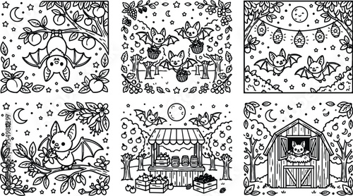 Cute bat characters gathering fruits and flying at moonlit orchard with stars and lanterns in outline style vector art