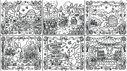Line art of easter bunnies painting eggs carrying baskets and holding decorated eggs in spring garden setting with tulips butterflies and festive banners