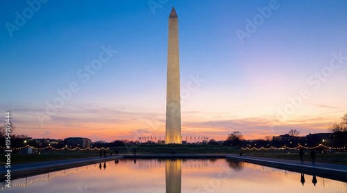 Washington Monument reflecting in water at dusk with sunset colors  