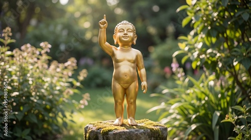 Golden baby Buddha statue pointing upwards in a lush garden  