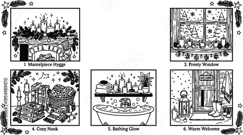Black and white hygge themed vector art set showing cozy indoor scenes with candles blankets books bathtub window and warm welcome rustic winter style