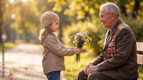 Young girl giving flowers to elderly veteran sitting on a bench  