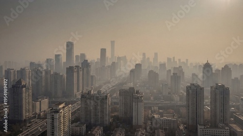Urban city skyline shrouded in smog with sunlight in background  
