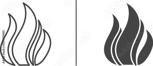 Two distinct flame icons, one outlined and one solid black, illustrate different styles for representing fire or heat energy.