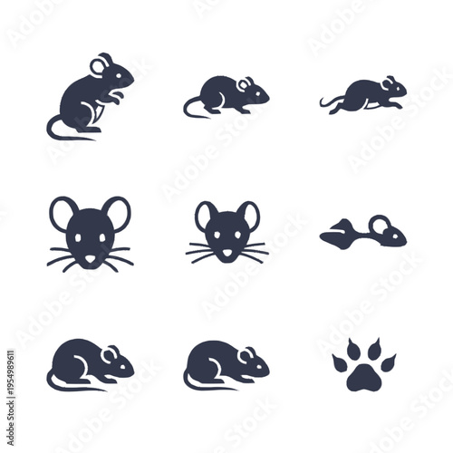 Set of nine minimalist flat vector icons featuring mouse silhouettes in various poses including standing, running, walking, and sitting, plus mouse head portraits and a paw print.