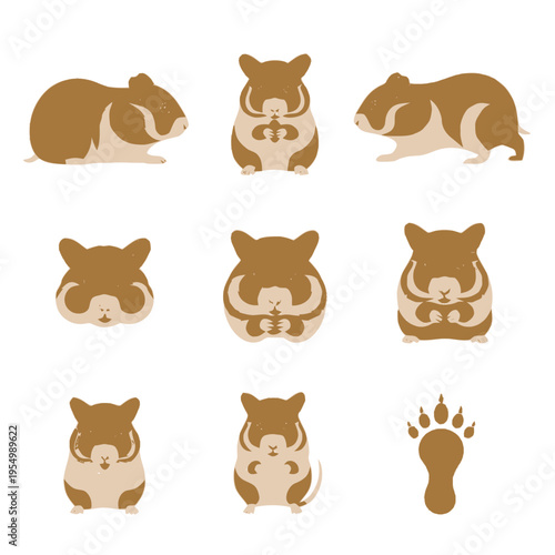 Vector collection of eight cute hamster character illustrations in various poses including eating sunflower seeds, sitting, standing, and puffed cheeks with a black paw print icon.