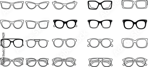 glasses, eyewear, frames, optical, sunglasses, fashion, accessory, vision, style, collection, outline, black, vector, illustration, design, set, modern, retro, icon, flat