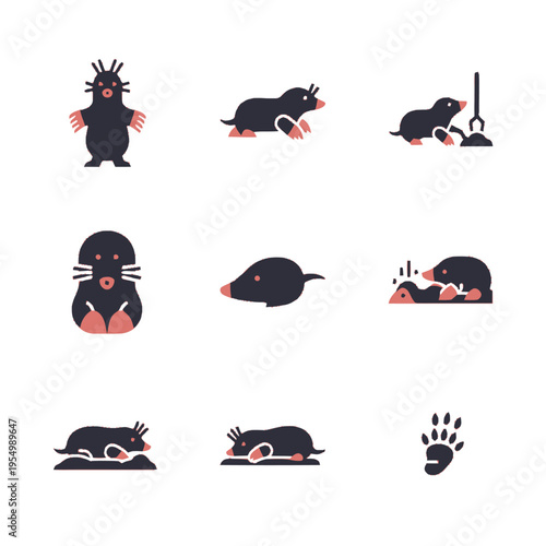 Collection of minimalist flat vector icons featuring stylized mole characters in various poses including digging, burrowing, and standing, plus a single animal paw print icon.