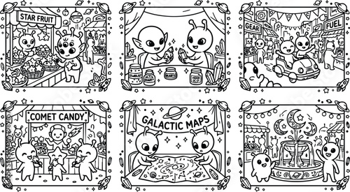 Black and white line art of cute aliens shopping colorful star fruit eating comet candy studying galactic maps and fueling spaceships with a futuristic outer space market and cosmic elements