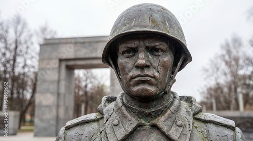 Soviet soldier statue close-up with serious expression in park  