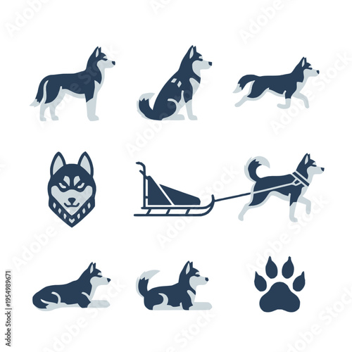 Set of flat vector icons featuring Siberian husky dogs in various poses including standing, sitting, running, pulling a sled, lying down, alongside a paw print and stylized head portrait.