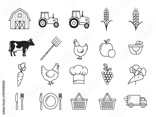 A collection of farm and food related icons