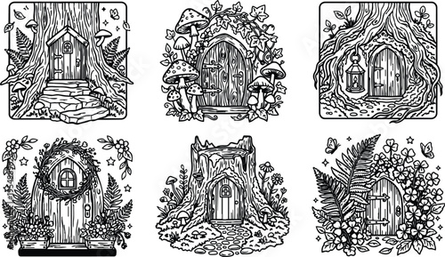 Intricate black and white vector art of magical tree doors surrounded by mushrooms flowers leaves and forest elements with detailed linework and natural fantasy style artwork
