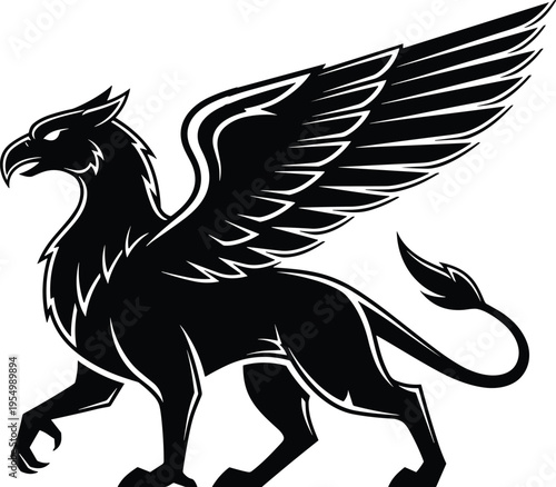griffin, silhouette, mythical, creature, fantasy, winged, beast, legend, eagle, lion, hybrid, medieval, symbol, black, vector, illustration, design, tattoo, emblem, flat