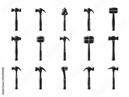 A collection of various black hammers