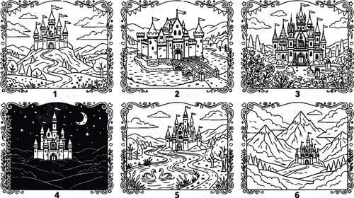 Intricate black and white castle scenes with detailed medieval architecture scenic backgrounds and decorative borders fantasy style illustrations for coloring books creative designs