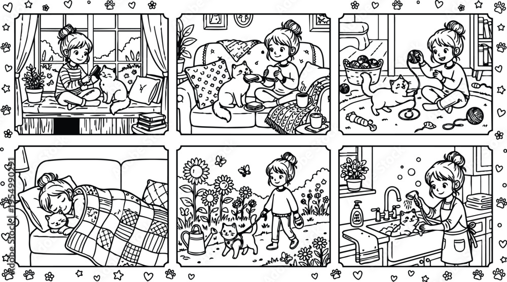 Obraz premium Black and white line art scenes of a young girl interacting with her cat playing knitting walking outdoors and bathing in cozy home environments simple vector illustration