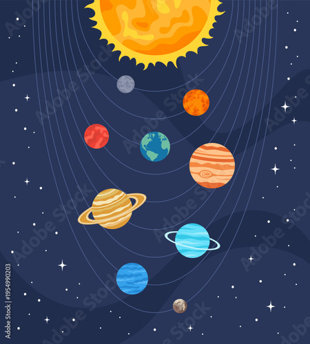 Planets of the Solar System in orbits and Sun above them on a dark blue background of the starry universe. Flat vector illustration