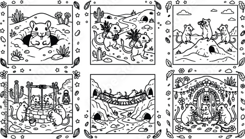 Black and white vector art of cute mice playing exploring and resting in desert landscape with cacti rocks and underground tunnels in charming line art style