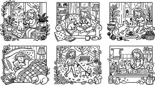 Black line art vector illustrations showing smiling girl grooming cat pet with brush water bath and playing with yarn balls and walking cat outdoors in garden nature background