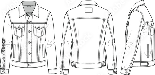 Denim Jacket Vector Template Mockup Featuring Front Back and Side View Technical Fashion Illustration for Apparel Design and Garment Manufacturing Flat Sketch