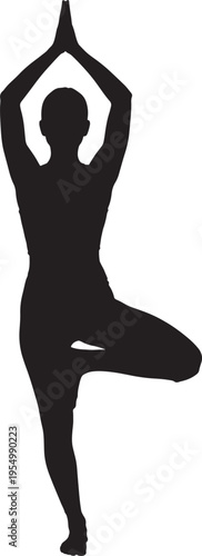 Silhouette Woman Performing Tree Pose Yoga on White Background