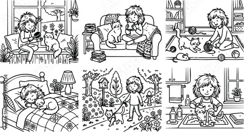 Line art vector scenes of child playing grooming walking bathing and sleeping with cat at home and garden black and white sketch style illustrations showing pet care daily activities