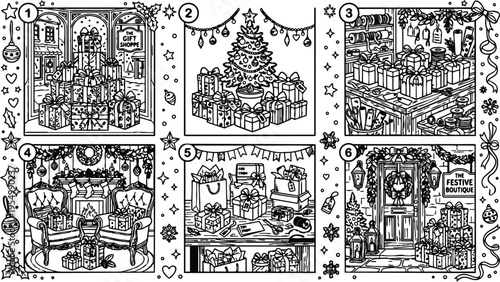 Detailed line art festive gift shop windows and cozy interior scenes with decorated christmas tree wrapped presents and holiday wreaths minimalistic vector illustration collection