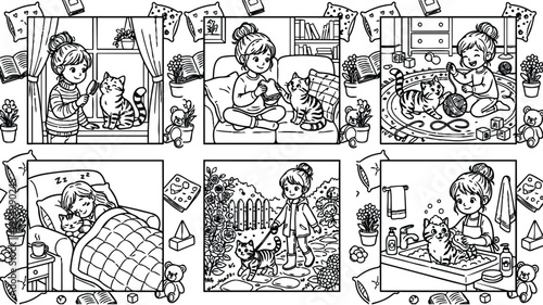 Cute girl brushing cat near window knitting on couch playing with kitten and yarn walking cat outside sleeping girl hugging cat in bed washing cat in bathroom vector line art set