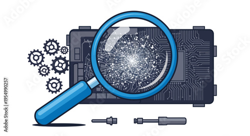 A magnifying glass is focused on a damaged circuit board with gears and tools nearby for repair and analysis.