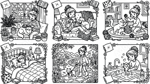 Cute girl caring for cat in various cozy home scenes reading grooming playing walking outdoors and bathing in detailed line art style vector illustrations