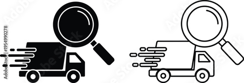 Fast Delivery Tracking Icon Set with Magnifying Glass and Shipping Truck Silhouette for Logistics Service Order Search System Isolated on White Background